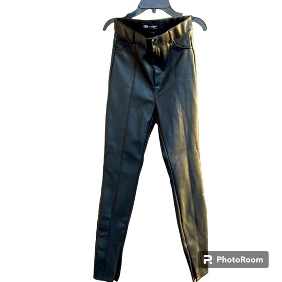 Zara Made in Turkey High Rise Ankle Zippers Black Faux Leather Slim Jeans wmns S - Picture 6 of 17